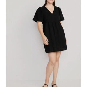 NEW Old Navy Flutter-Sleeve Textured Mini Swing Dress LBD 100% Cotton Black Sz L